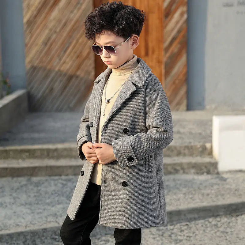 Boy Woolen Coat Autumn Winter Jacket New Fashion Turn Collar Solid Double-Breasted Children's Outerwear Trench High Quality