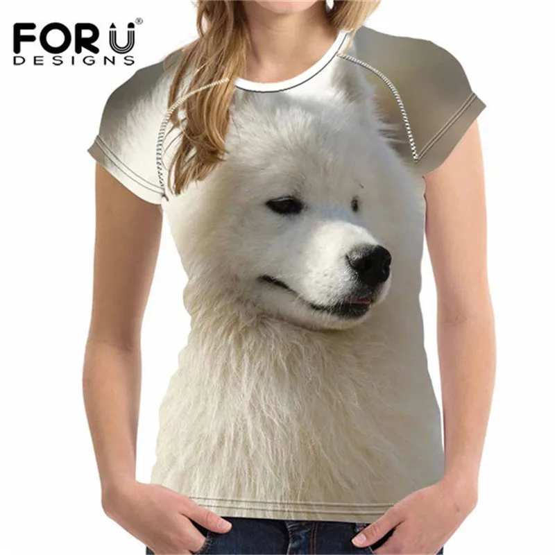 FORUDESIGNS Kawaii Samoyed щенок печатная Футболка для женщин Летняя женская футболка с