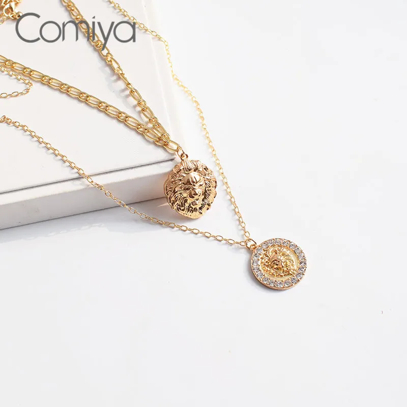 Comiya индийское ожерелье для женщин Золотой Серебряный цвет двойной слои кулон Львы Femme Мода Кристалл Collare корейские ожерелья - Окраска металла: Золотой цвет
