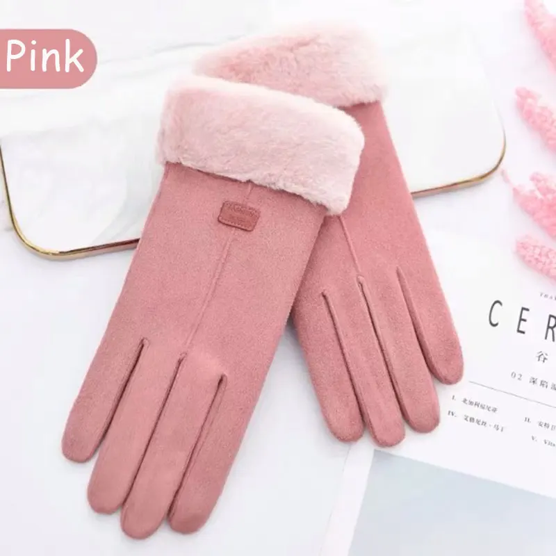 pink Зимние женские теплые кашемировые перчатки с милым бантом, двойные плюшевые женские перчатки для вождения - Цвет: pink