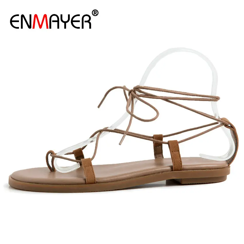 

ENMAYER Gladiator Women Sandals Casual Lace-Up Shoes Woman 2020 Genuine Leather Ankle Strap Narrow Band Fashion Women Shoes