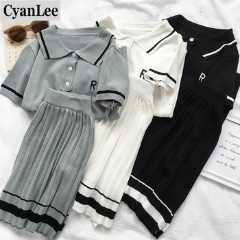 

Cyanlee Summer Knitting Sweet Suit Women Casual Short Sleeve Turn-down Collar + High Waist Mini Skirt Matching Two Pieces Set