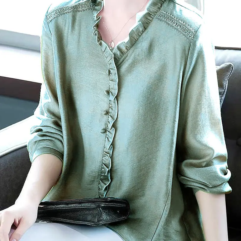 Большие размеры рубашка женская элегантная офисная блузка с рюшами Женские повседневные свободные топы с v-образным вырезом и длинными рукавами футболки черный