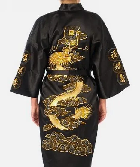 Темно-синий китайский Мужской Атласный шелковый халат кимоно с вышивкой банное платье Дракон Размер S M L XL XXL XXXL S0008 - Цвет: black