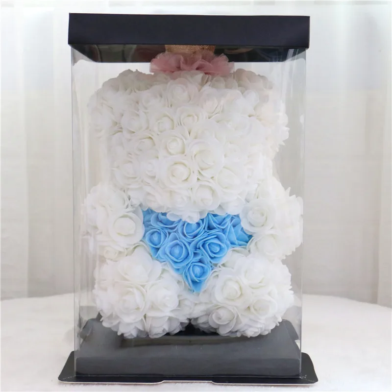 White and blue set 28 см Корона Сделай Сам плюшевый медведь Роза+ коробка Искусственные из ПЭ цветок медведь Роза День Святого Валентина подарок для подруги женщины жена мать день - Цвет: White and blue set