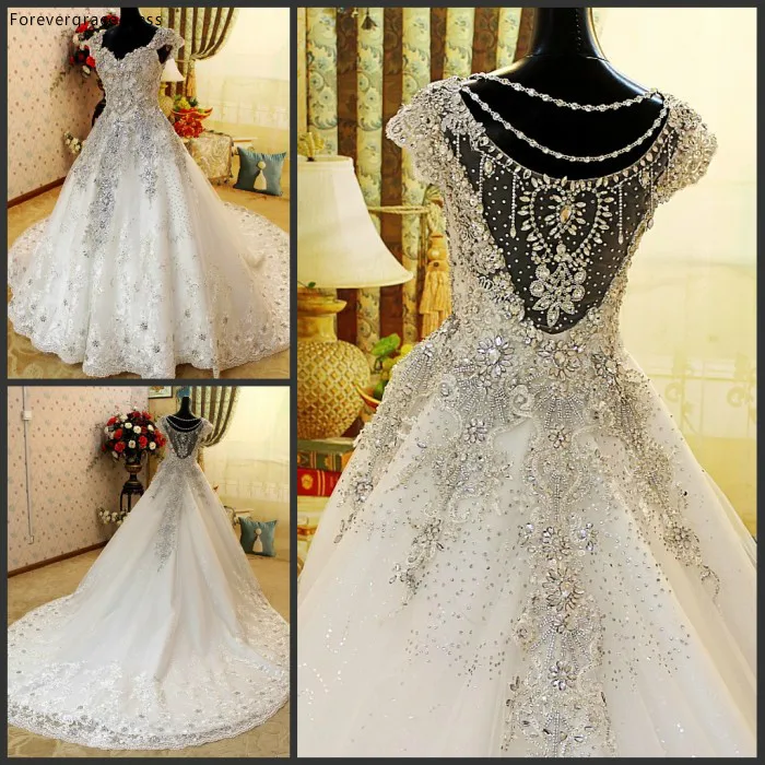 

Luxury Crystal Beaded Wedding Dresses Romantic A Line Cap Sleeve Tulle Lace Applique Women Bridal Gowns