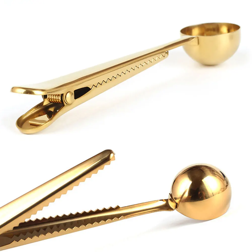 Stainless Steel Ground Coffee Tea Measuring Scoop Spoon With Bag Seal Clip Fruit Vegetable Scoops Tools