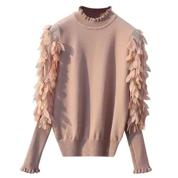 

Ruffled Collar Knitted Women Sweater Spring Autumn Loose Jumper Fashion Flowers Sleeves Sweater and Pullover Femme Pull