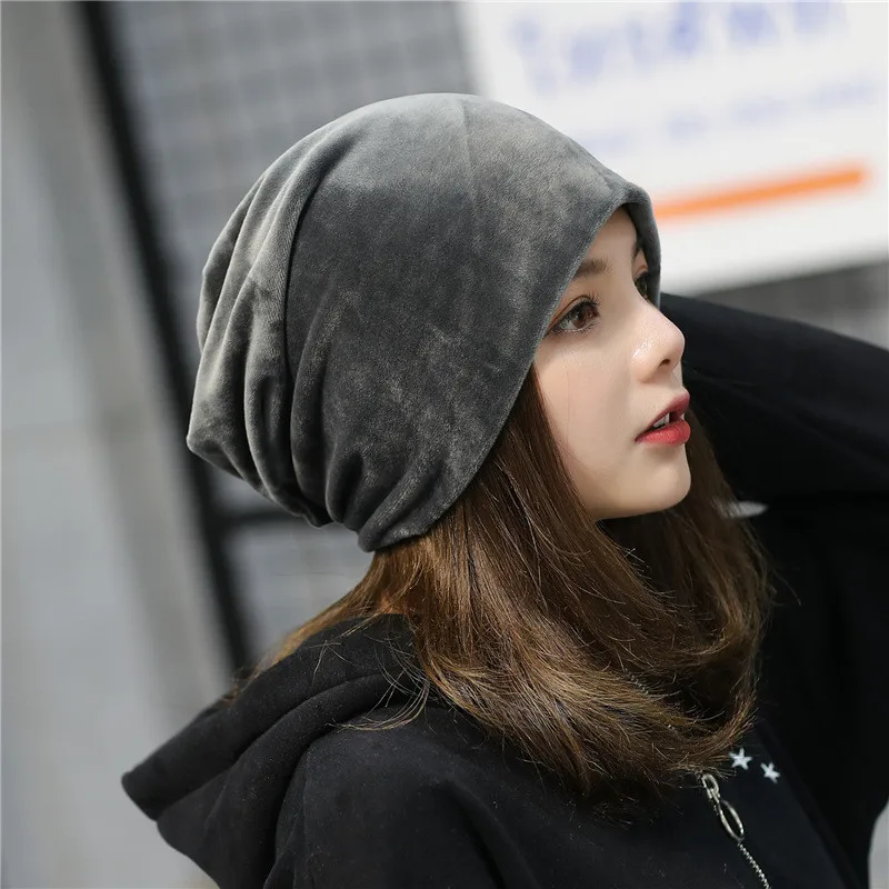 Новые повседневные зимние Бархатные Теплые сутулящиеся шапки в стиле хип-хоп для женщин, однотонные мешковатые шапки бини, женская шапка - Цвет: grey