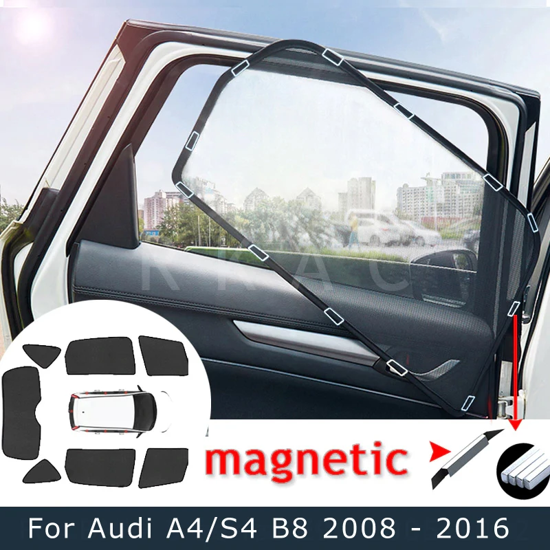 Magnetic Car Side Window Sunshade For Audi A4/S4 B8 2008 - 2016 (Plastic Frame) 6Pcs/Set Sun Shades Cover Mesh Curtain Visor | Автомобили