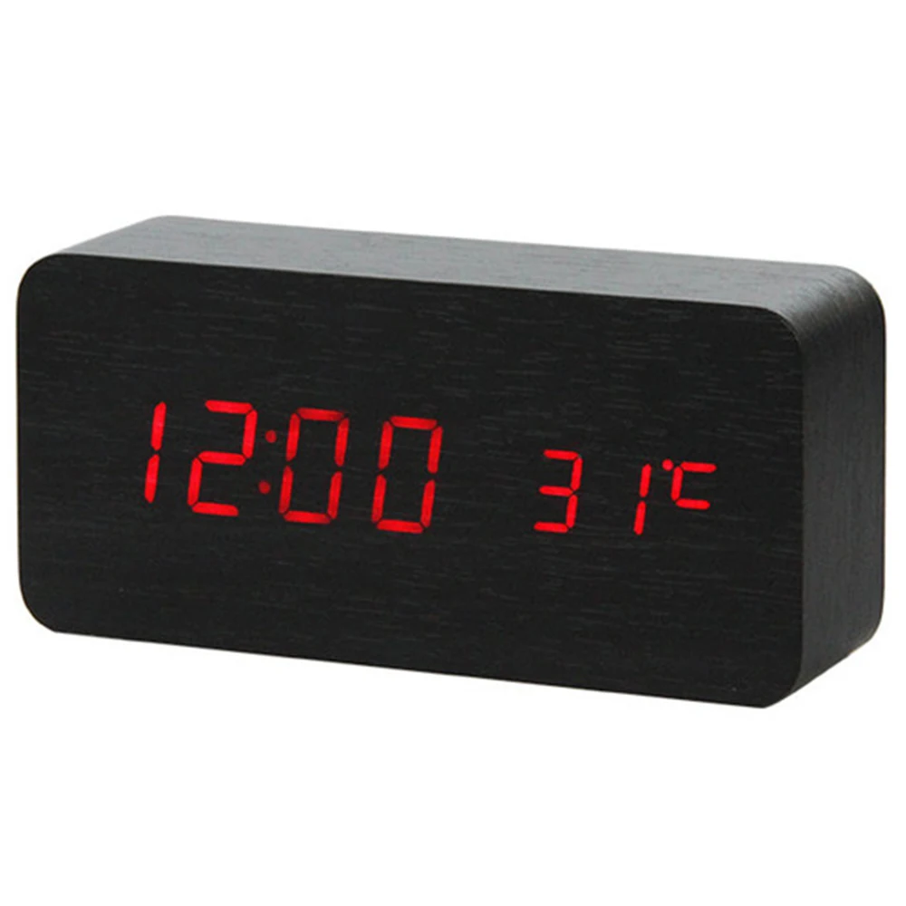 Многоцветный звуковой контроль деревянный квадратный светодиодный Настольный Будильник цифровой термометр деревянные usb/AAA отображение даты - Цвет: 15x4x7(cm)