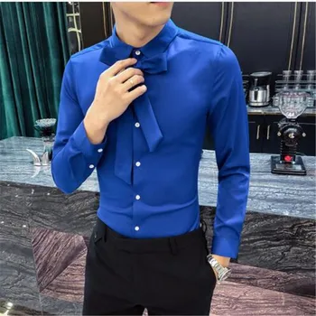 

Top Quality Men Shirt Brand New 2019 Long Sleeve Shirt Men Simple Streetwear Tie Design Mens Casual Shirts Slim Fit Dress Tuxedo