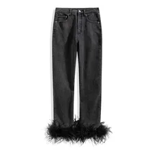 Женские джинсы с перьями, черные джинсы с высокой талией, джинсы с несколькими карманами, женские свободные джинсы, брюки ранней весны 398O