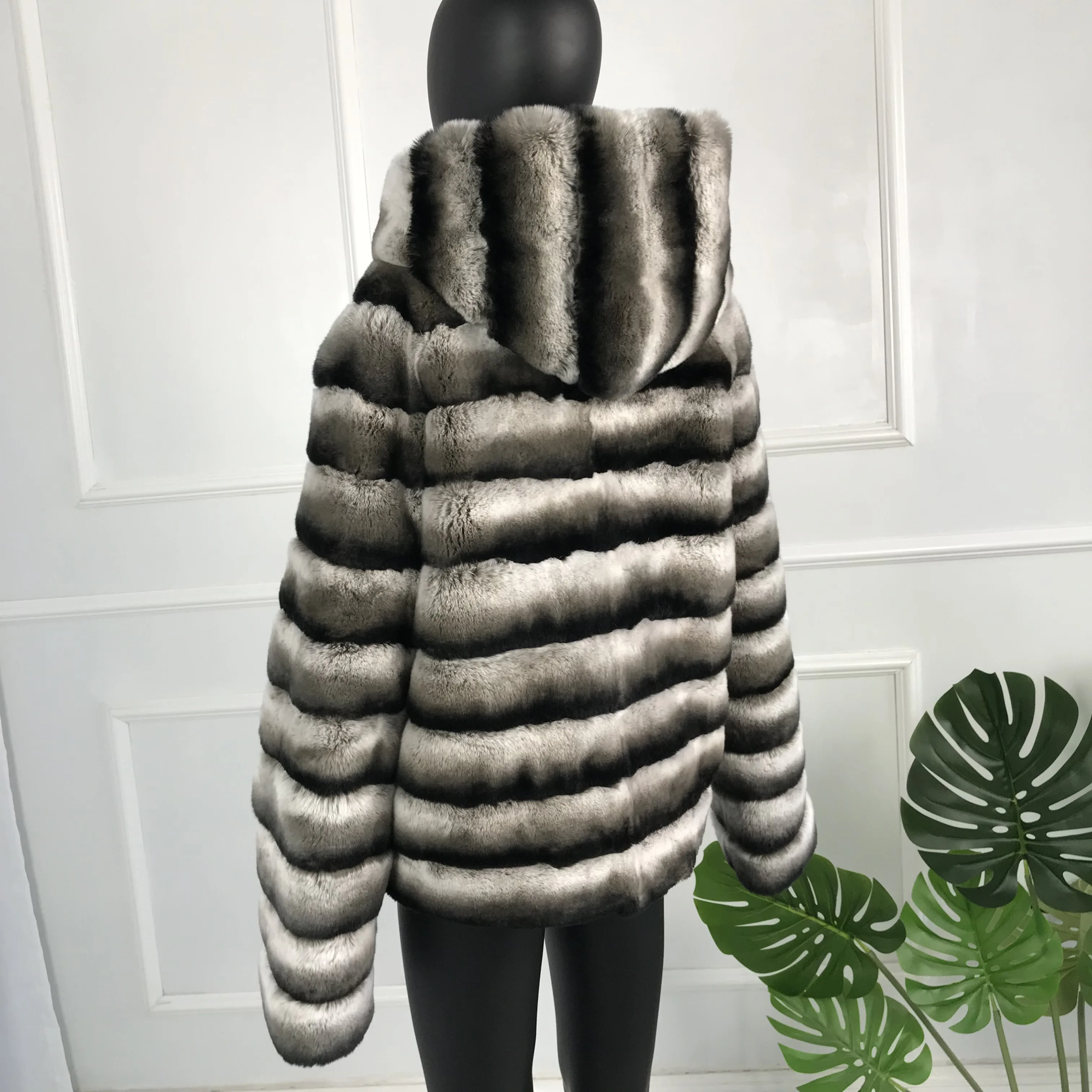 

Striped rex rabbit fur coat natural black Grey brown Outwear real fur coat jacket thick warm medium long with hood Chinchilla Co