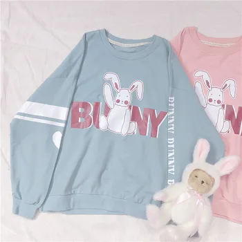 

Japanese Early Autumn Women Sweet Sweatshirt Hoodie Rabbit Graphic Print Babydoll Student Loose Long Sleeve Tops Preppy Style