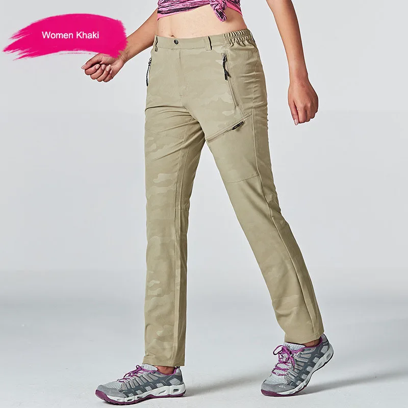 Women Khaki Стрейчевые походные брюки для мужчин и женщин, летние быстросохнущие брюки для мужчин, ветронепроницаемые дышащие уличные брюки для кемпинга, альпинизма, треккинга - Цвет: Women Khaki