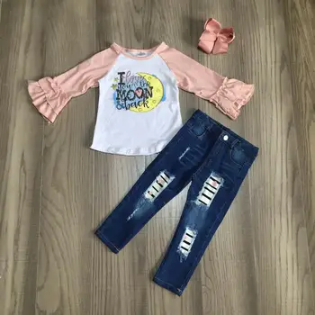 

baby Girl clothes girls V-day outfit girls moon top with holed jean girls boutique clothes with bow