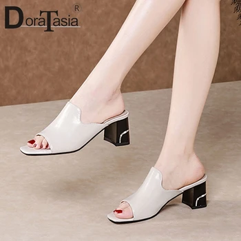 

DORATASIA New Ladies Concise Genuine Leather Mules Summer Elegant Peep Toe Mules Women Daily Casual High Heels Shoes Woman