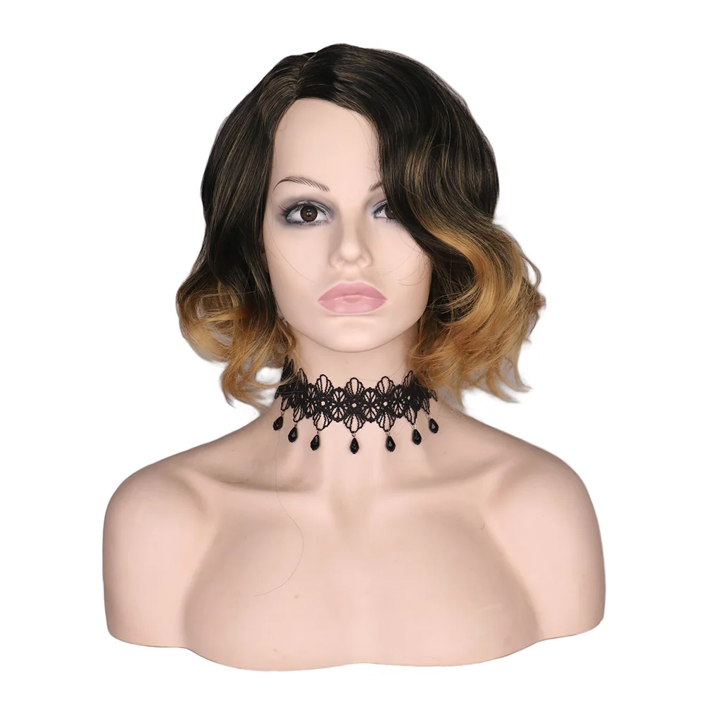 

QQXCAIW Short Curly Wig Women Natural Hair Mixed Brown Black Party Cosplay Costume Heat Resistant Synthetic Hair Wigs