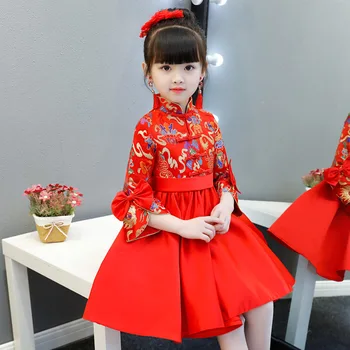 

girl's Traditional Cheongsam Dress Middle Sleeve Bow Invisible Zipper Design Tang Suit Chinese Performance Clothing ZL480