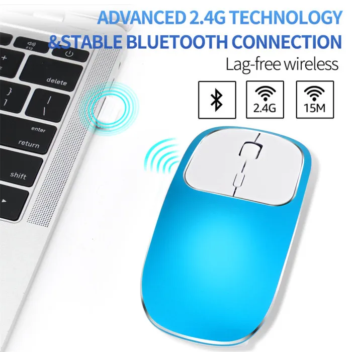 Перезаряжаемая игровая мышь Bluetooth металлическая беззвучная клик 2 режима с usb-приемником OUJ99