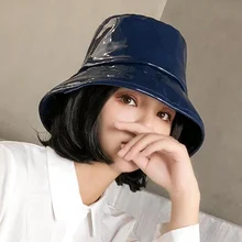 Женская кепка в стиле хип-хоп, шапка из искусственной кожи, двусторонняя Кепка-ведро, однотонные женские шапки