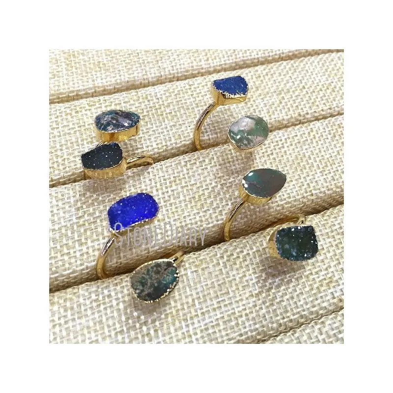 

RM328 5Pcs Double Gold Electroplated Irregular Shape Random Color Snakeskin Jaspers Agates Druzy Adjustable Ring Jewelry