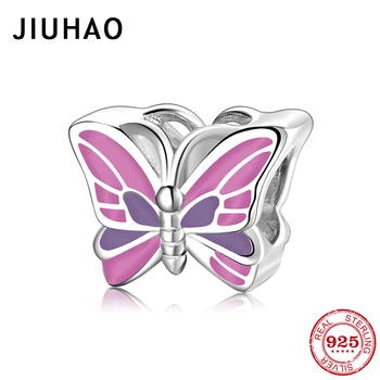 

Real 925 Sterling Silver Pink enamel butterfly Fairy Fine Beads Fit JIUHAO Bracelets for Women Diy Jewelry making