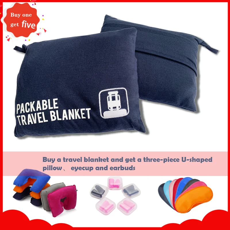 

Compact Airplane Travel Blanket Pillow Folds Soft Lightweight Blanket Included Sleeping Mask Packed in Bag With Backpack Clip