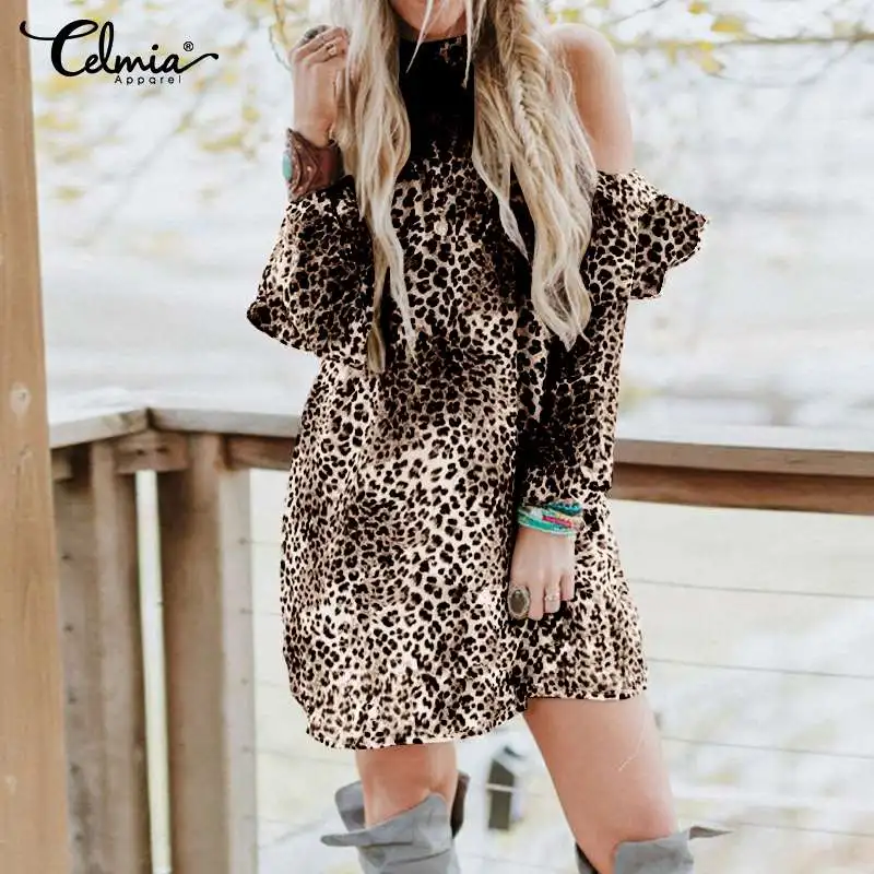 Женское мини-платье с леопардовым принтом повседневное Свободное платье
