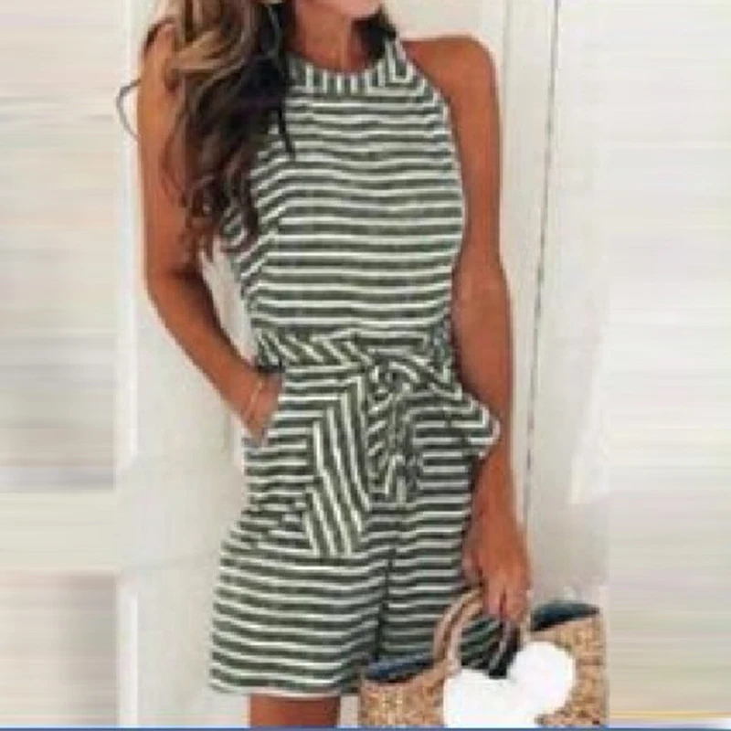 gray Summer O Neck Jumpsuits Lace-up Beach Party Overalls Sexy Off Shoulder Halter Sleeveless Rompers Women Stripe Slim Playsuit - Цвет: gray