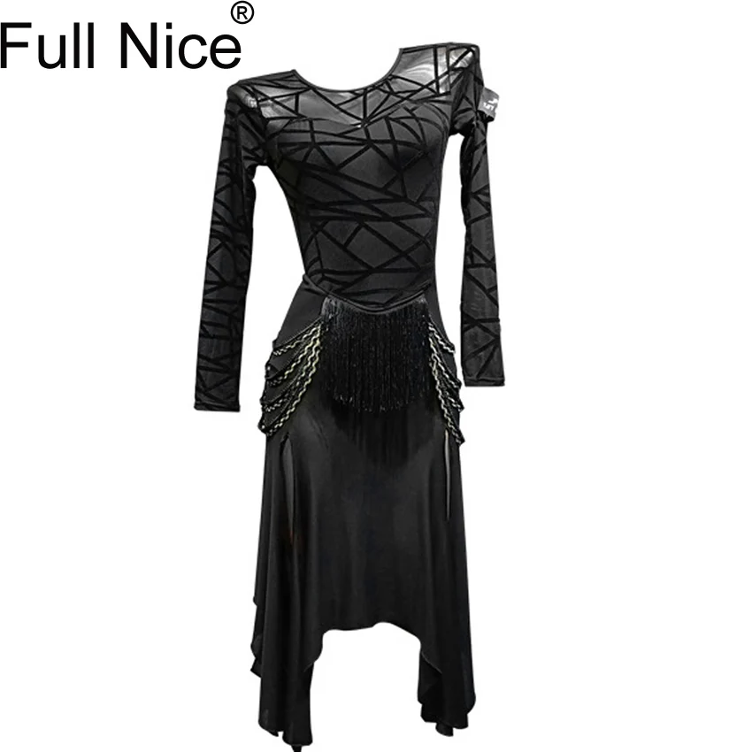 Черное латинское танцевальное платье для девочек с бахромой женские танцевальные костюмы для сальсы для бальных танцев