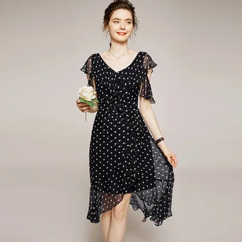 

100% Natural Real Silk Black Summer Dresses Beach Style Dot Print Sexy V-neck Short Sleeve High-waist Women Split Tea-dress