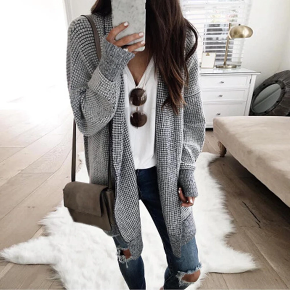 Women Open Stitch Black And White Plaid Long Knitted Cardigans Sweaters Female Casual Coat Outwear 2019 New Autumn Winter