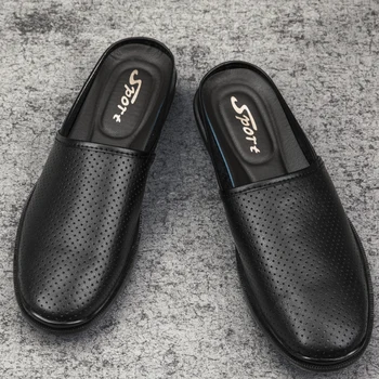 

Breathable Hollow Casual Shoes Men Loafers Genuine Leather Italian Summer Half Shoes Plus Size 36-47 Men Slip on Water Shoes *
