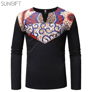 

SUNGIFT Dashiki African Traditional Male Top Men's Long T-shirt Round Neck Long Sleeve Print Stitching 2019 New African Clothing