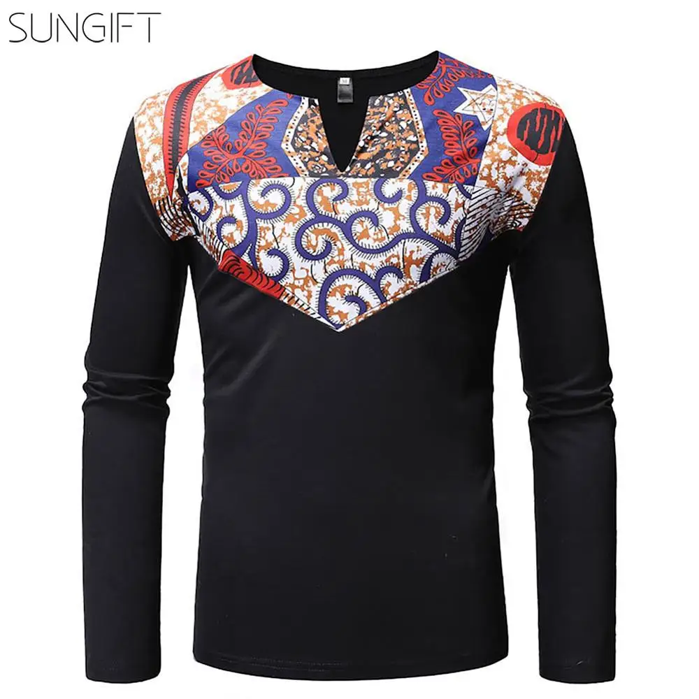 SUNGIFT африканская Дашики традиционный Мужской Топ мужская длинная футболка