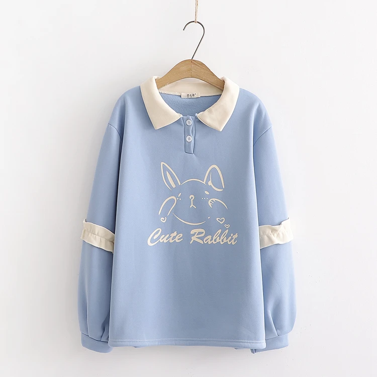 Merry Pretty Women's Cartoon Rabbit Print Cute Hoodies Sweatshirts Winter Warm Ruffles Patchwork Turndown Collar Pullover