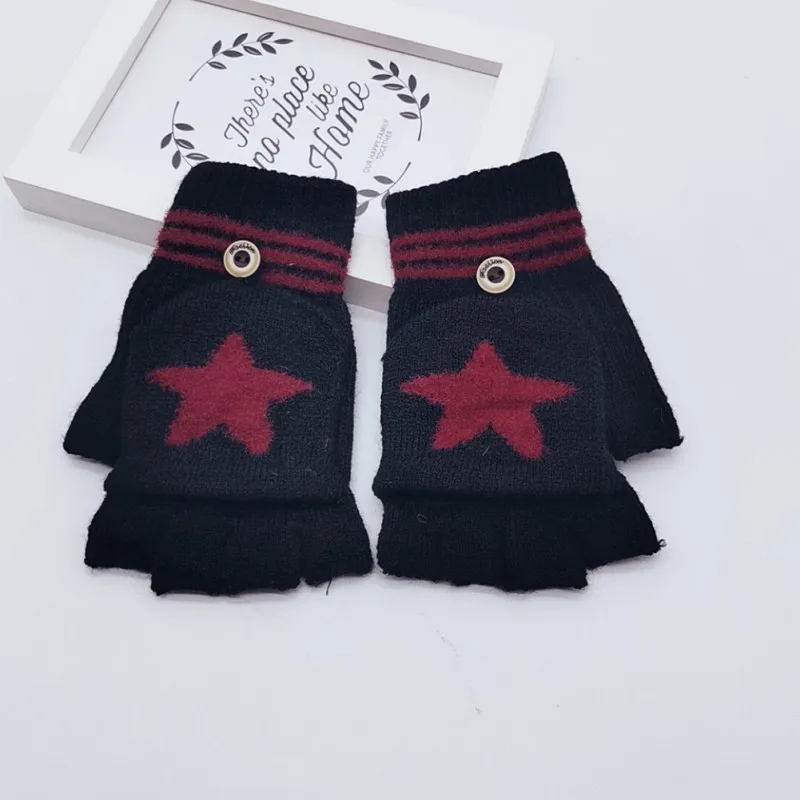 Girls Mittens Warm 8-14T Children Gloves Baby Winter Star Pattern Kids Versatile Cotton Knitted Boys Half-finger Gloves - Color: Black