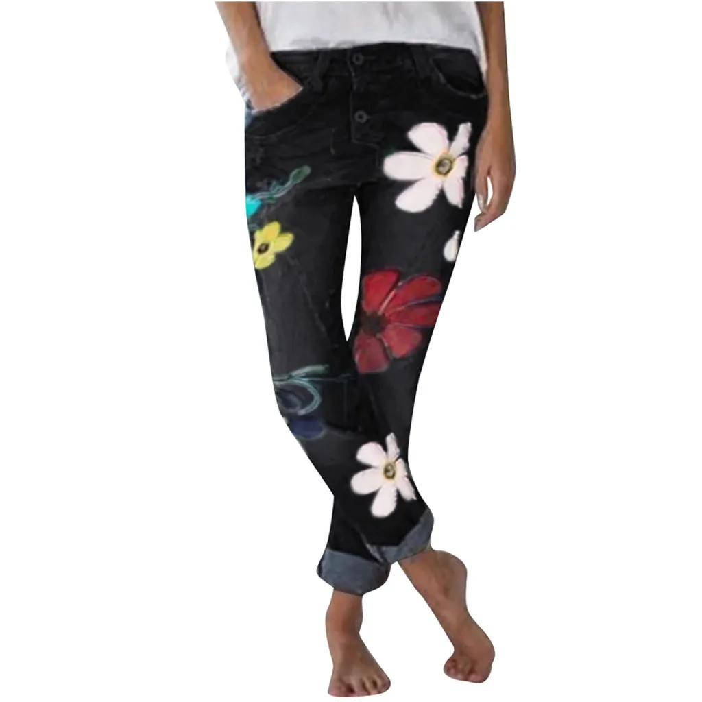 Цветные джинсы с цветочным рисунком женские ретро длинные брюки классические джинсовые узкие брюки женские повседневные Карманы Брюки осенние свободные уличные Новые