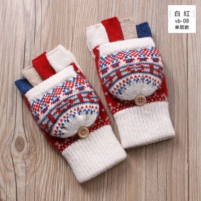 red white Открытый Зимние перчатки Для женщин вязаные шерстяные перчатки варежки теплые, без пальцев перчатки флип Половина Finger вождения варежки - Цвет: red white