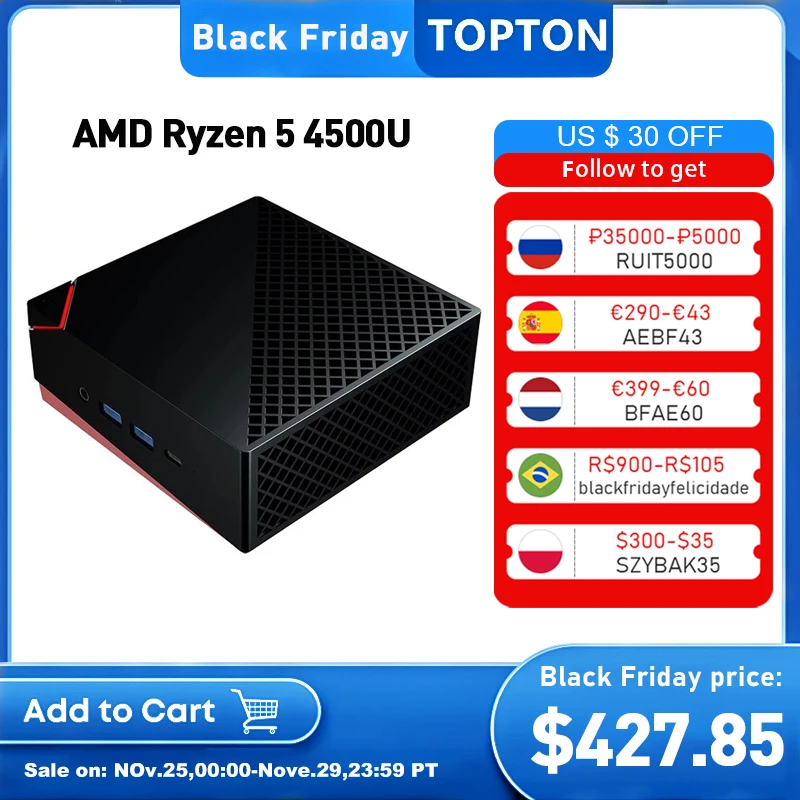 TOPTON AMD Ryzen 5 4500U Mini PC Windows 10 2*LAN 2*DDR4 Max 64GB M.2 NVME  Desktop Gaming Computer 4K Radeon Graphics AX WiFi6