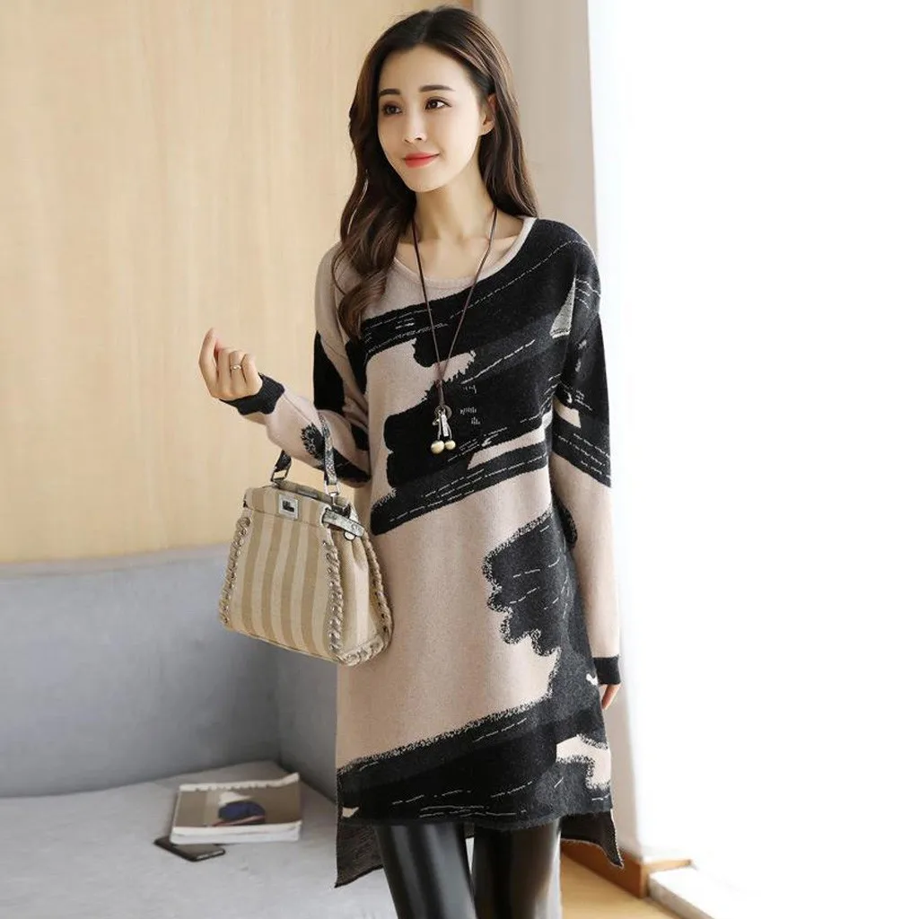 Модное женское осеннее и зимнее платье с принтом свободное прямое большого