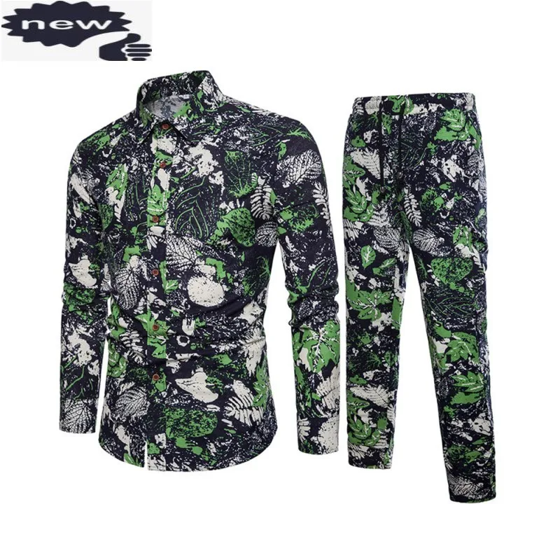 

Hawaiian Colors Printed Mens Suit Large Size M-5XL Casual Cotton Linen Conjunto Masculino Slim Fit Shirts Sweatpants Tracksuit
