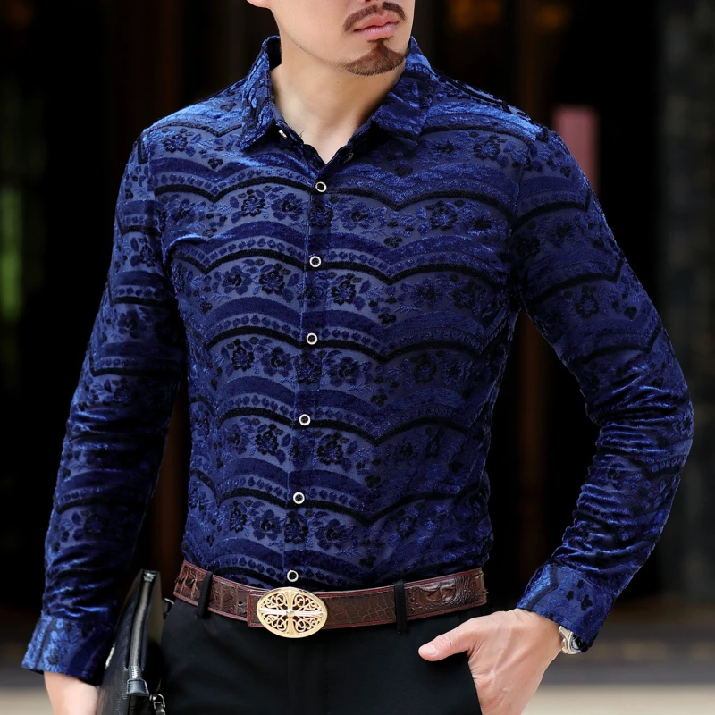 Волнистые печати кружева бархат рубашка Мужчины новые мужские деловые повседневные 4 сезона Camicia Uomo Camisa Social Masculino прозрачная рубашка