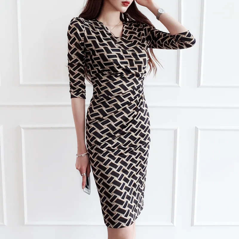 

2019 Summer Wear New Style Korean-style Ol Elegant V-neck Slim Fit Mid-length Shirred-Style Sheath Dress Women's
