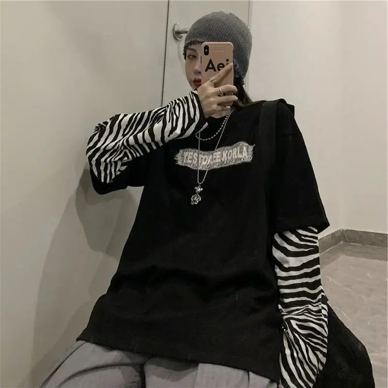 

Fake two long-sleeved T-shirts for women 2022 spring autumn new loose zebra pattern baggy oversize top trend Harajuku streetwear