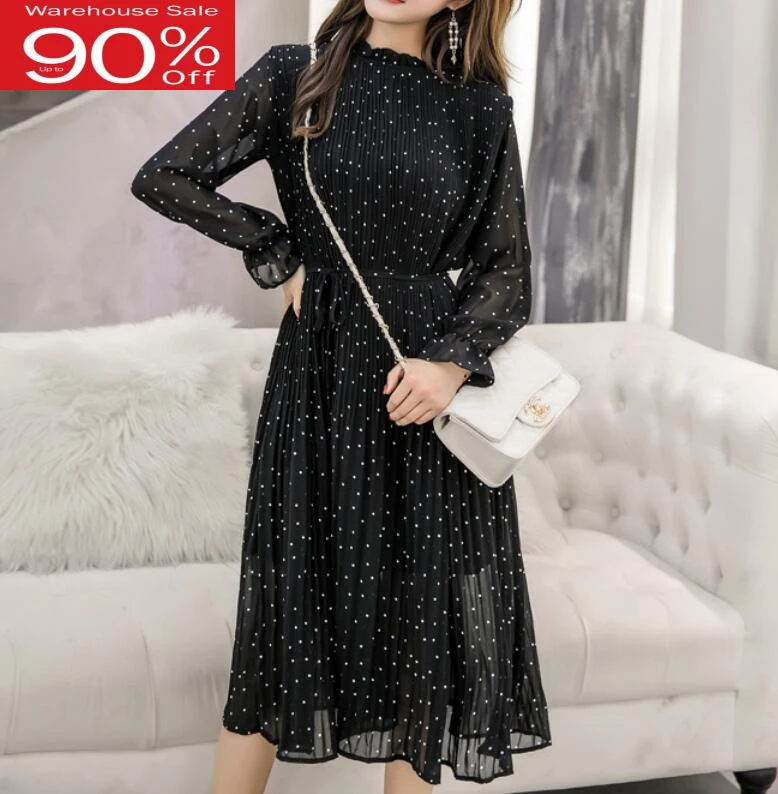 2020 Autumn Long Sleeves Polka Black Chiffon Pleated Midi Elegant Dots Dress | Женская одежда