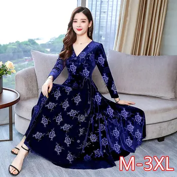 

Women Spring Autumn Gold Velvet Dress Fashion Long Sleeve V-Neck Evening Party Dress Elegant Slim Print Plus Size Maxi Vestidos