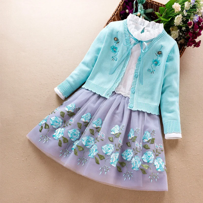 Комплект одежды для маленьких девочек на осень, зиму и весну, хлопковый свитер с длинными рукавами для маленьких девочек, пальто+ платье, костюмы из 2 предметов, детская одежда для 3-9 лет